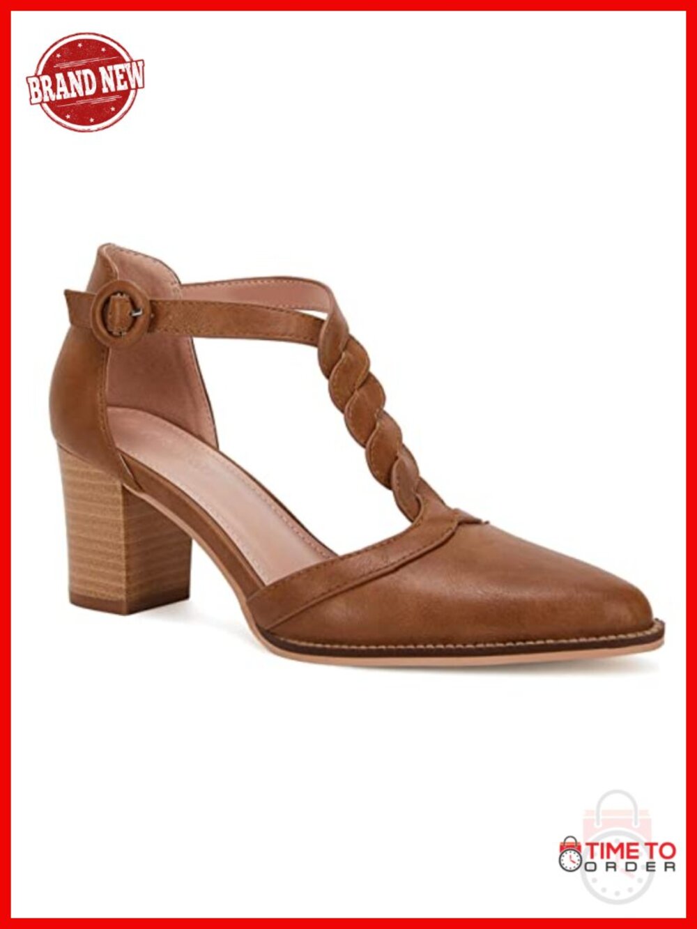 Faux Leather Pointed Toe Chunky Block Heel T Strap Ankle Strap Pumps